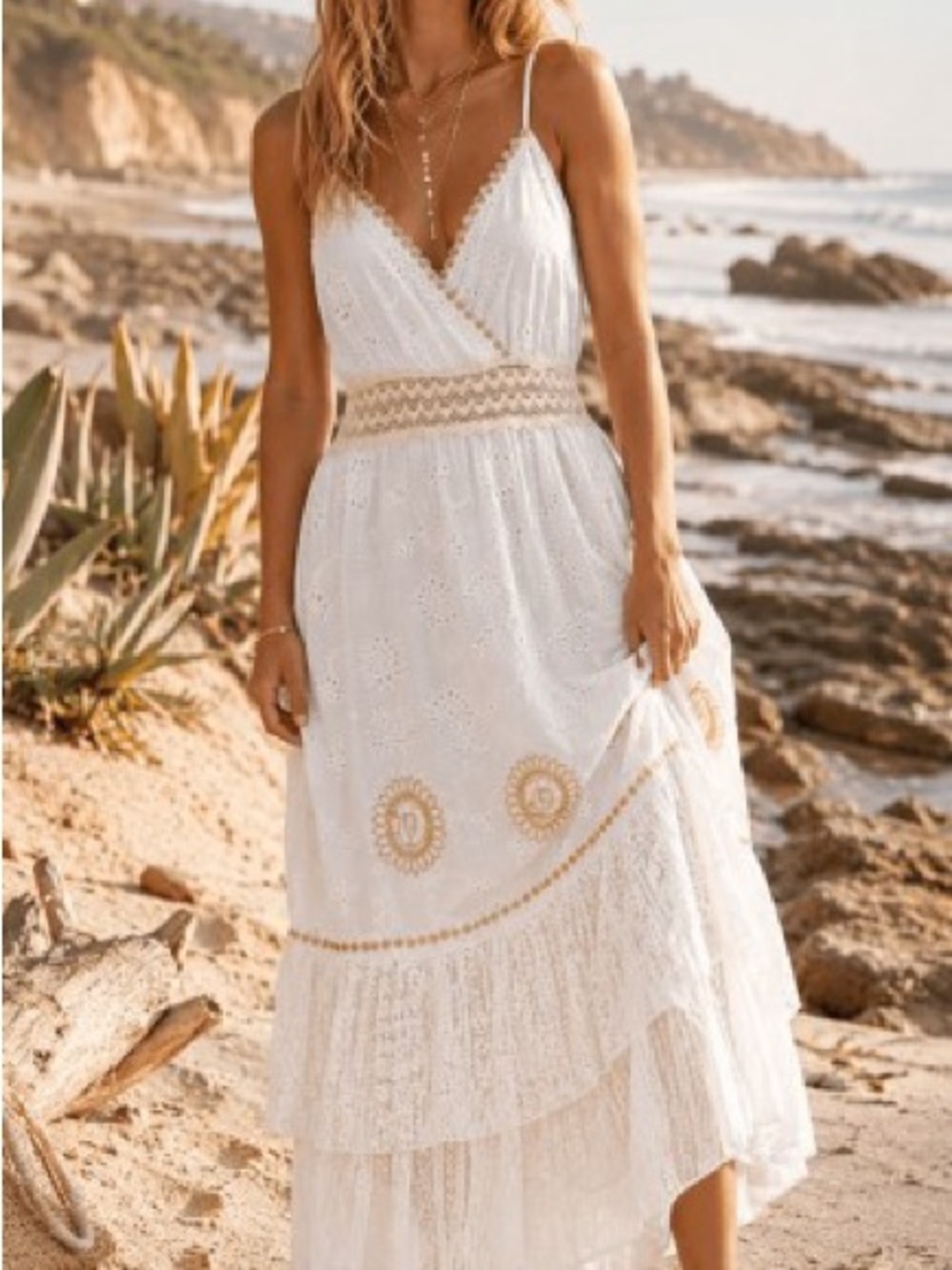 Boho White Eyelet Maxi Dress with Gold Embroidery